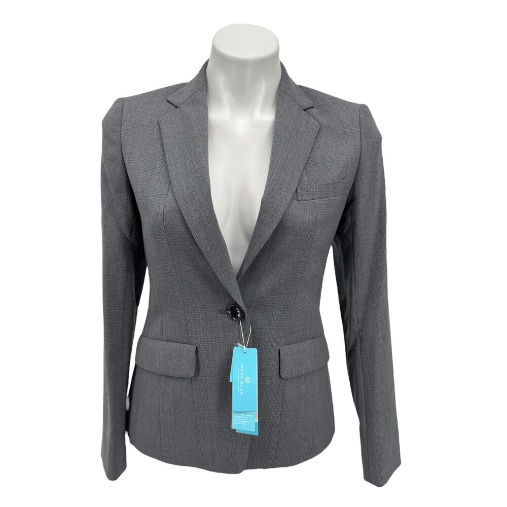 Next Blue One Button Blazer Wool‎ SZ 7 NEW Women's Grey Business Office Classic